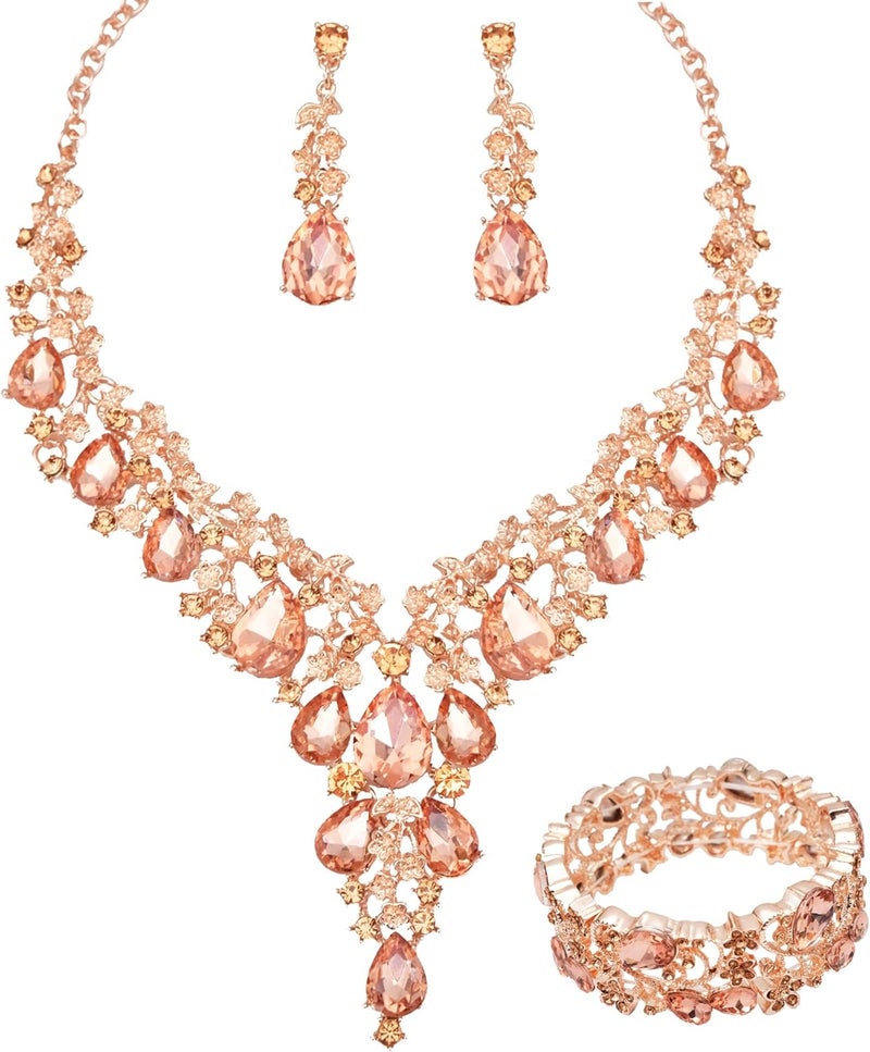 CSY Elegant Crystal Costume Jewelry Sets Flower Bridal Necklace Earrings Stretch Bangle Set for Bride Bridesmaid Wedding Dress Accessories - Image 1